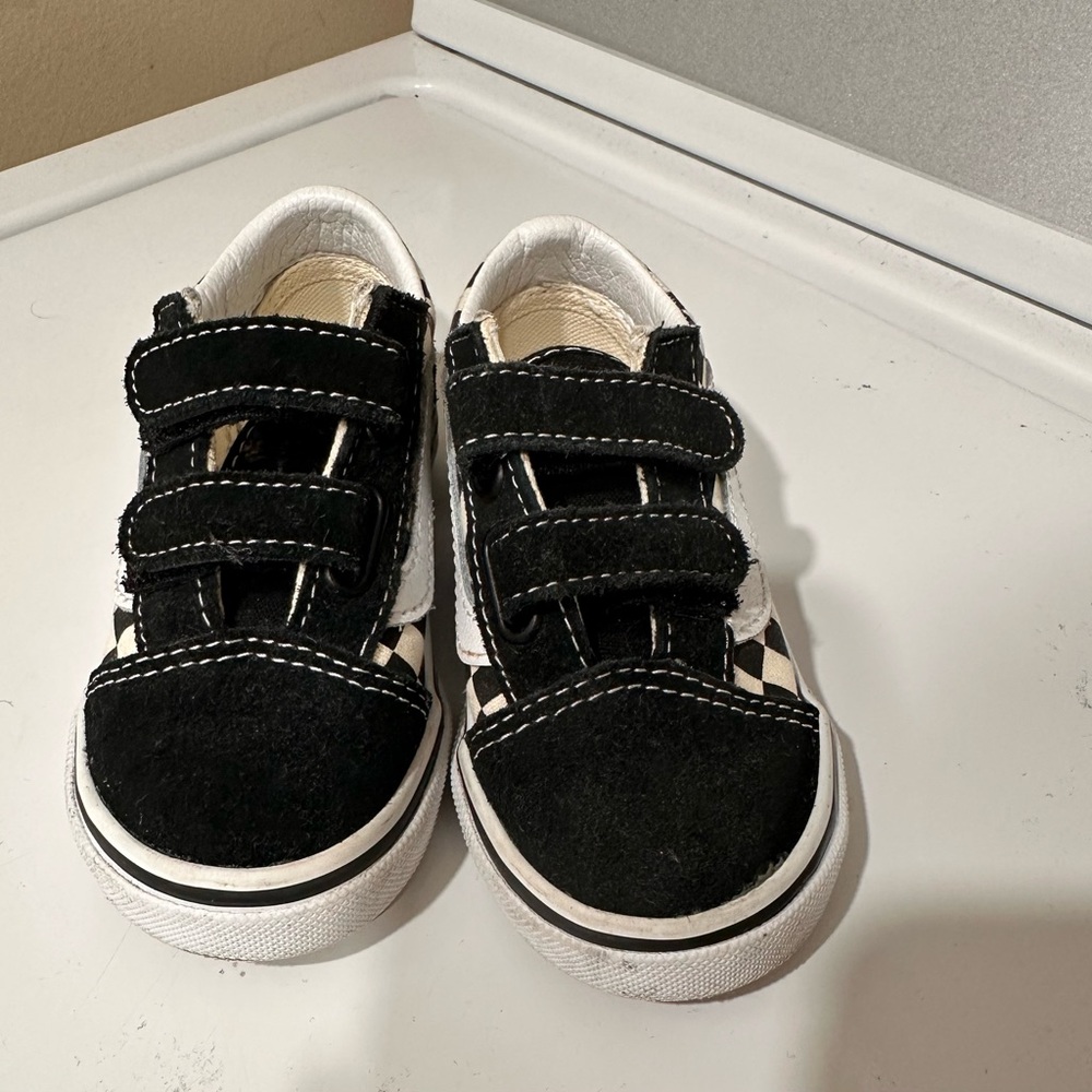 Vans Kids Black and White Checkerboard Velcro Sneakers